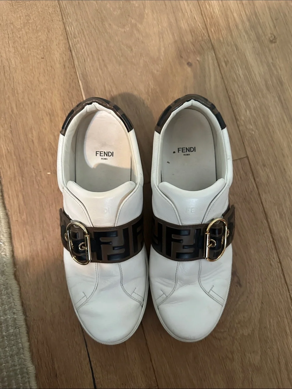 Fendi White Leather Sneakers with Brown FF Logo Strap and Gold Buckle